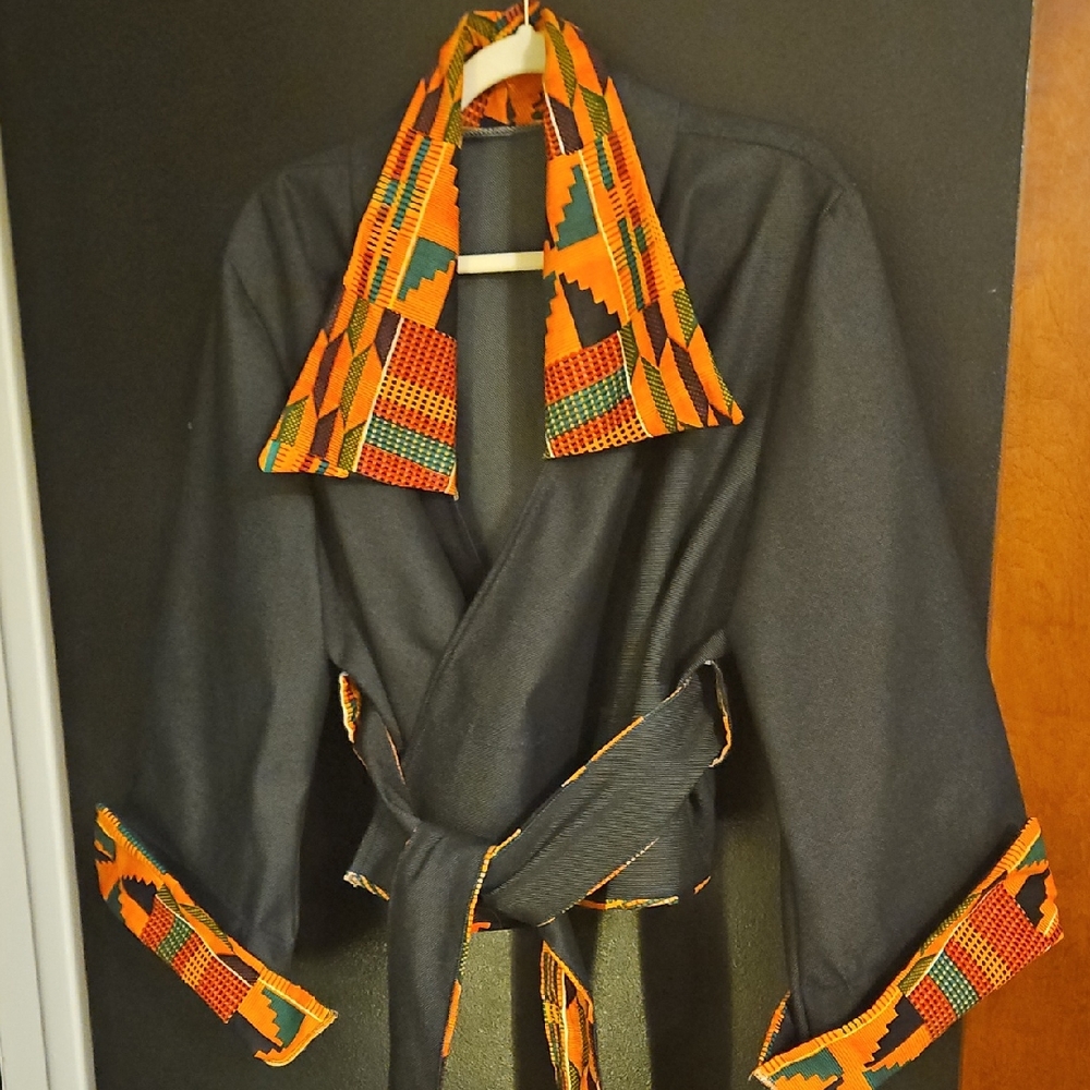 Custom Dark Denim Cropped Belted Jacket with Vibrant Patterned Trim